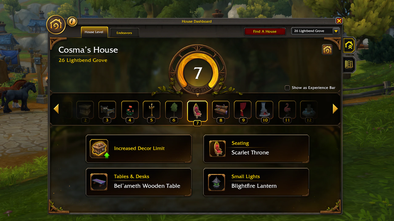 An image showing an Endeavour in World of Warcraft's housing system, including a rank and several furnishing rewards.
