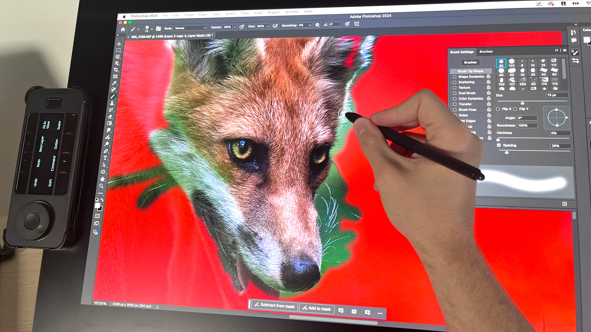 Hand using stylus to draw mask around the head of a fox on the Xencelabs Pen Display 24+