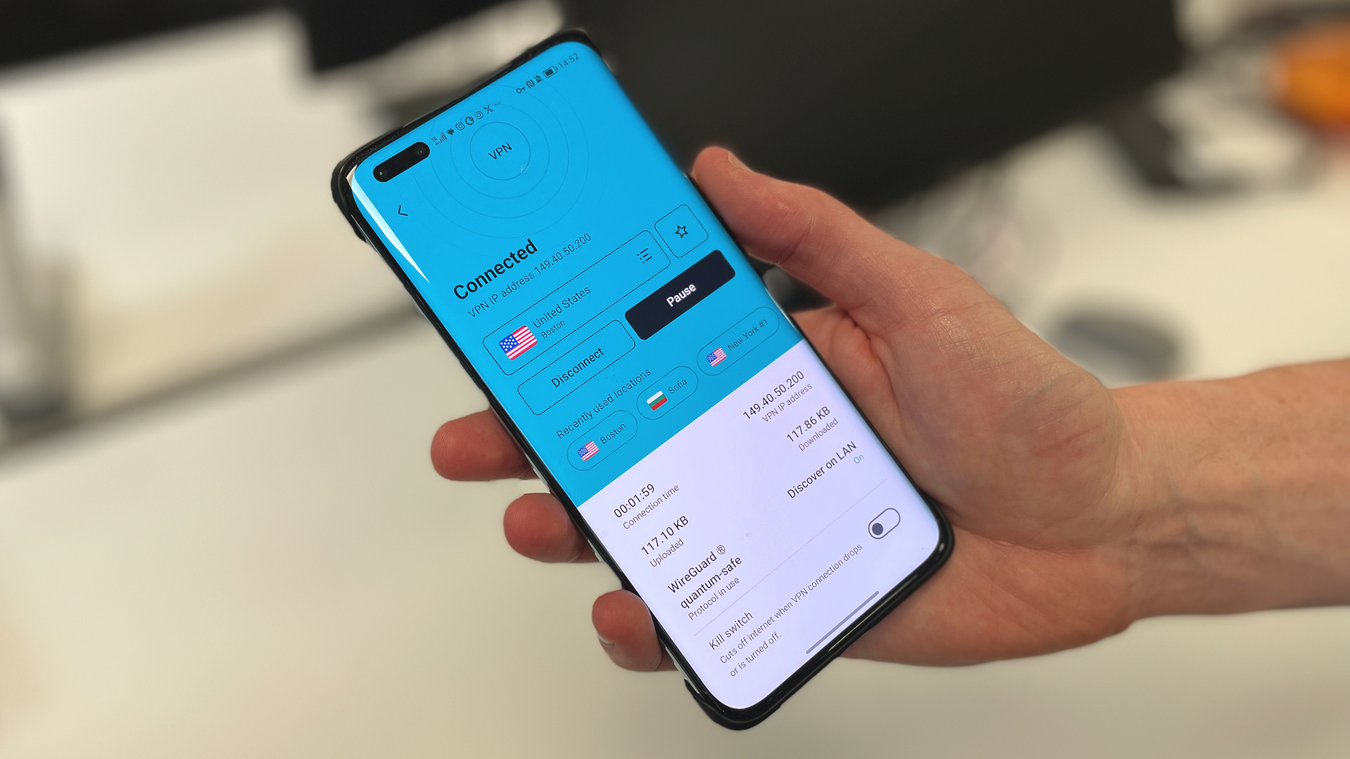 Android phone with the Surfshark app