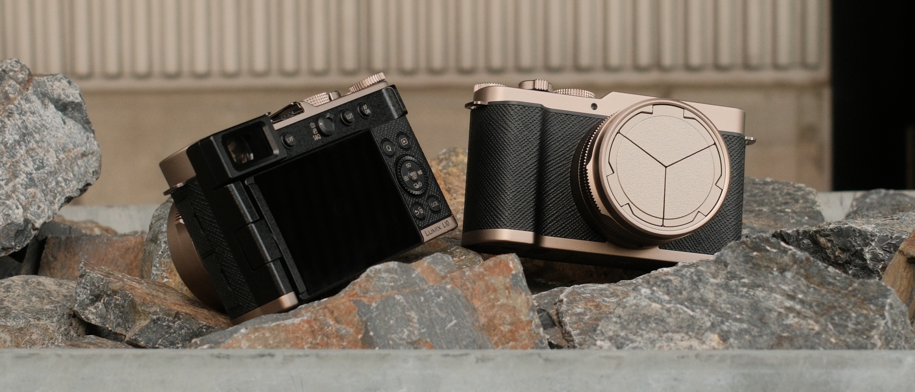 Two Panasonic Lumix L10 compact cameras displayed among rocks.