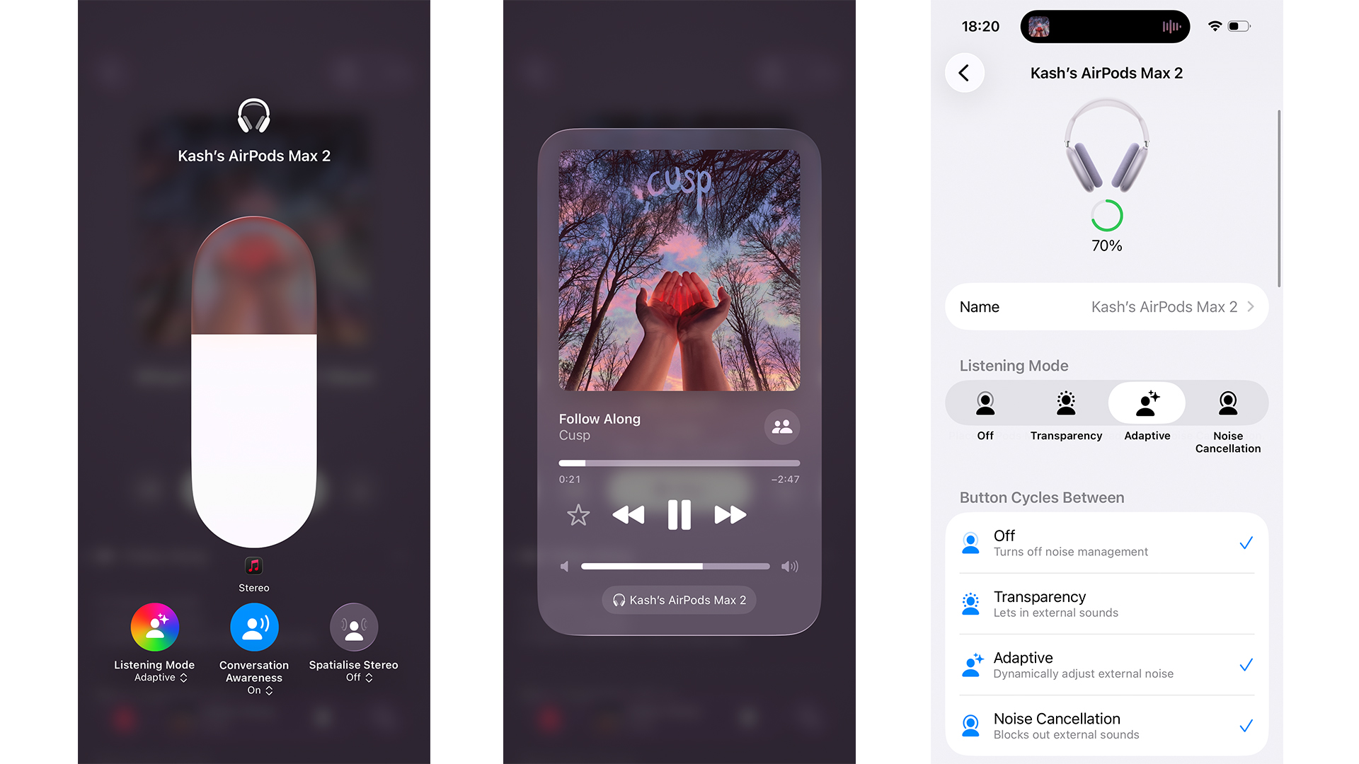 Apple AirPods Max 2 over-ear headphones app on three smartphone screens