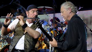 Ian Anderson and Martin Barre (R) performing with Jethro Tull on stage 13 July, 2008