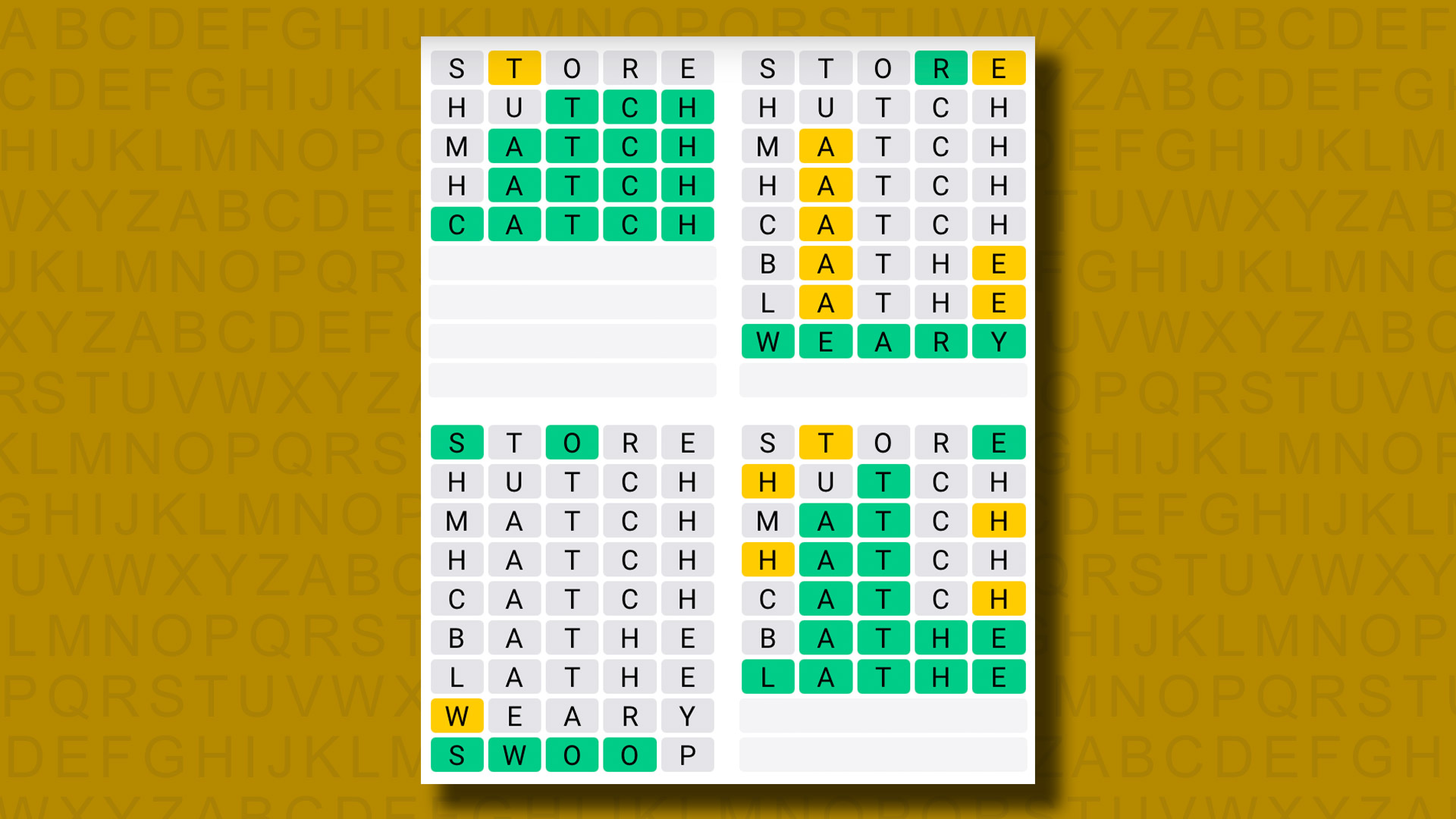 Quordle answers for game 1089 on a yellow background