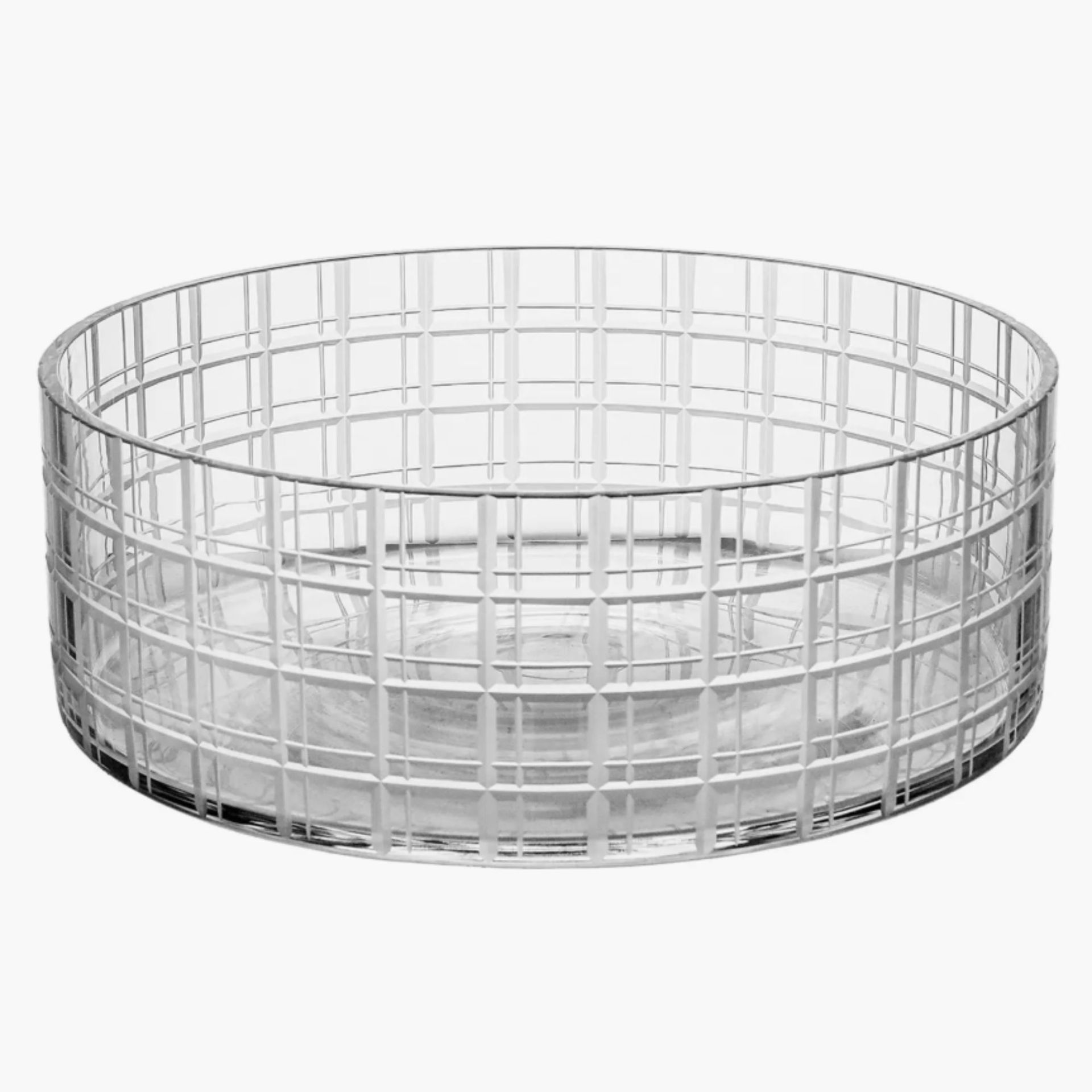 Wide glass bowl with cross-hatch engraving
