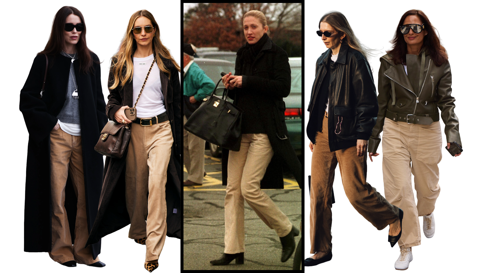 Carolyn bessette kennedy with black border and fashion week attendees wearing khaki pants on white background