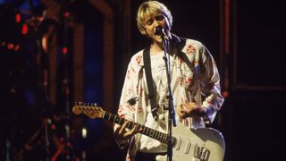 Kurt Cobain (1967-1994) performs on stage with Nirvana at the MTV Video Music Awards, September 10, 1992.