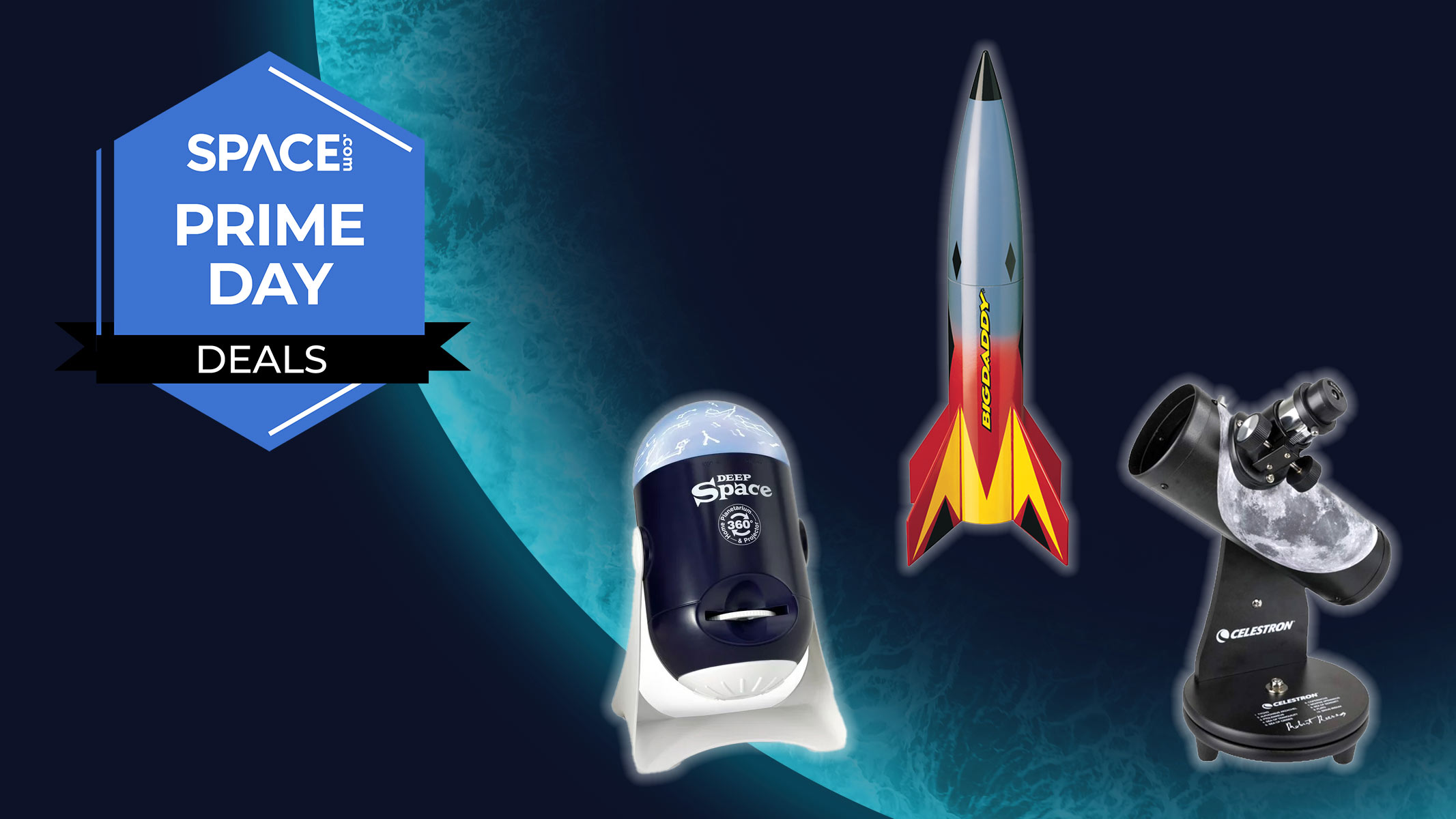 A blue, red and yellow rocket is placed between a telescope with a moon printed on it and a projector sitting on a stand, all on a blue planet background with the space.com logo in the top left corner.