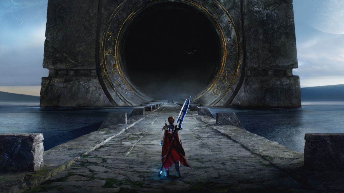 Standing below the imposing Monolith in Empyreal with a glaive equipped, this is a piece of key art from the game