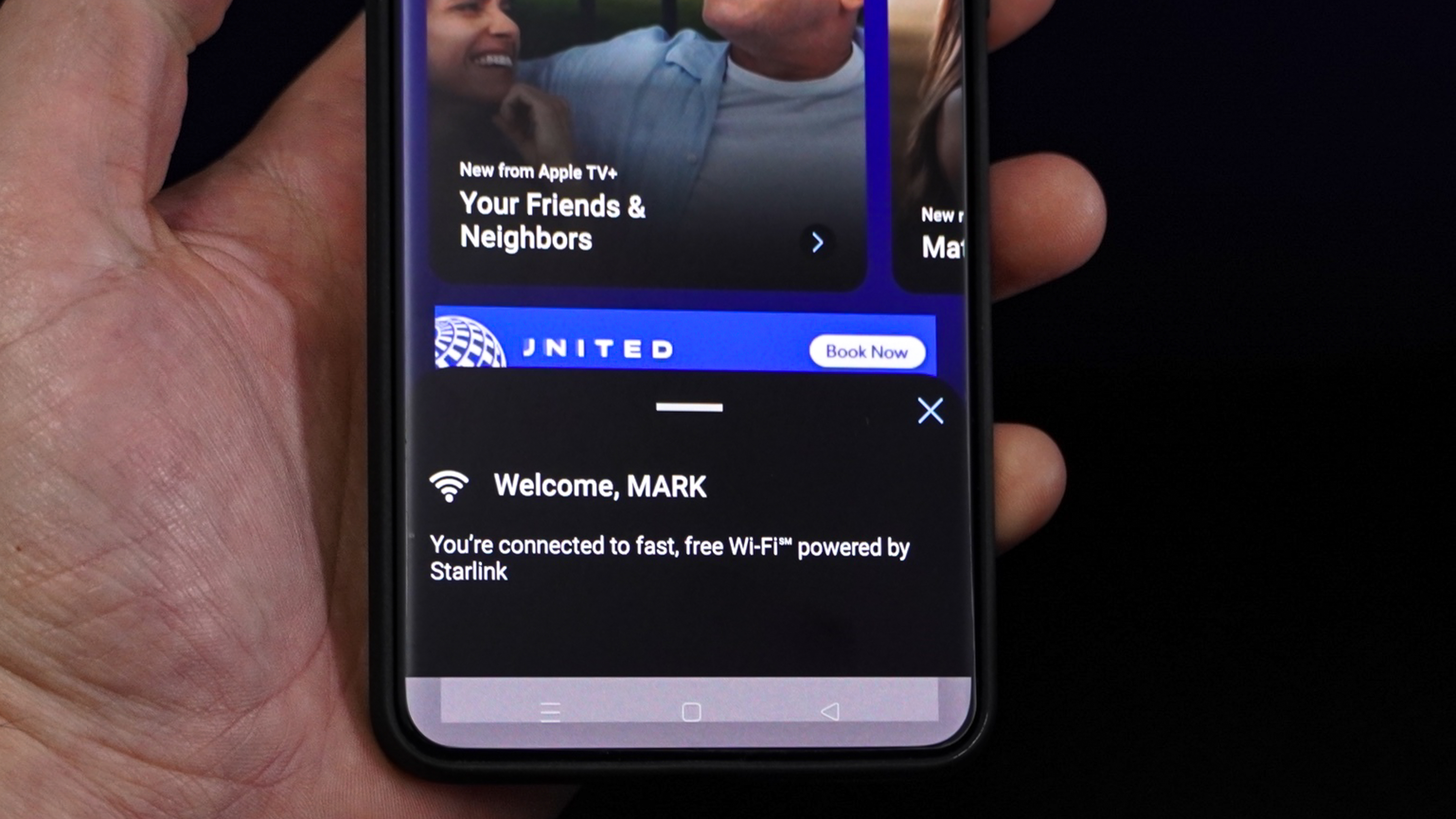 Starlink Wi-Fi on board a United Airlines flight