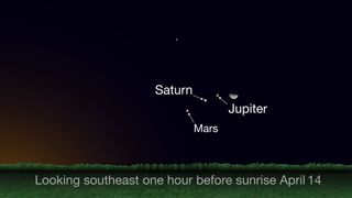 The planetary quartet of Jupiter, Saturn, Mars and the moon will put on a show in mid-April. The three planets won't appear close together in the sky again for a couple of years, so catch them now if you can! The moon will be in conjunction with Jupiter on April 14 at 7:05 p.m. EDT (2305 GMT). It will be in conjunction with Saturn on April 15 at 5:18 a.m. EDT (0918 GMT). Then on April 16 the moon will be in conjunction with Mars at 12:33 a.m. EDT (0433 GMT).