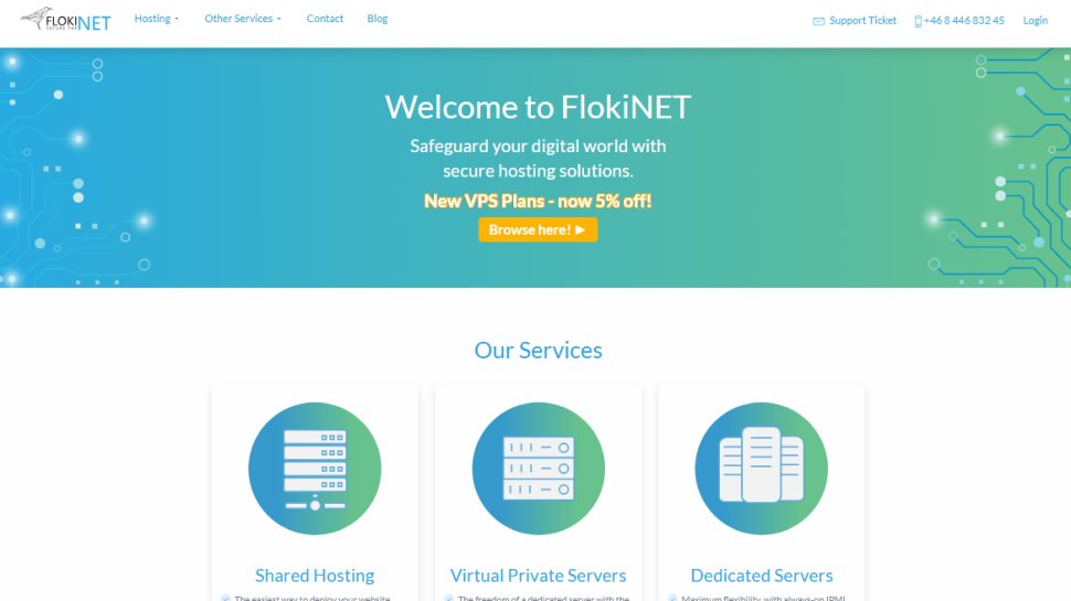 Website screenshot of FlokiNET (August, 2025)