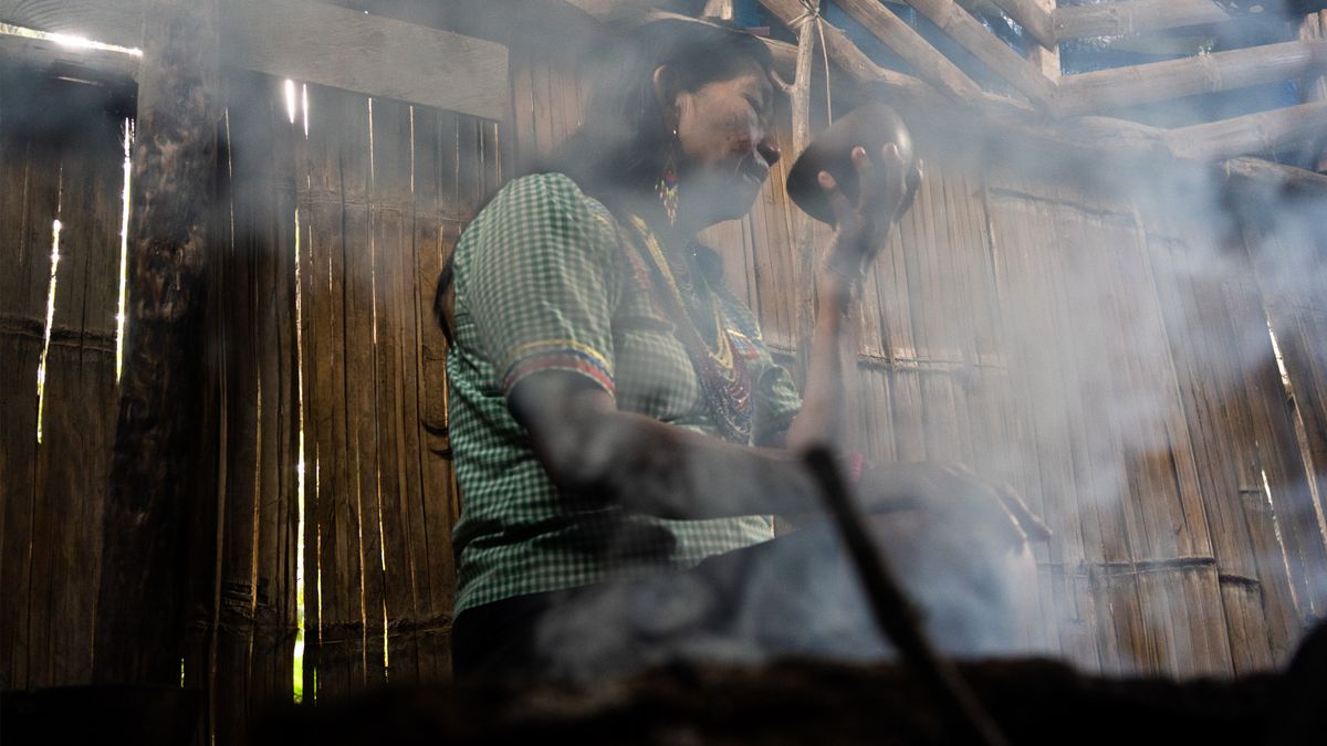 Indigenous Latin American woman shrouded in smoke.