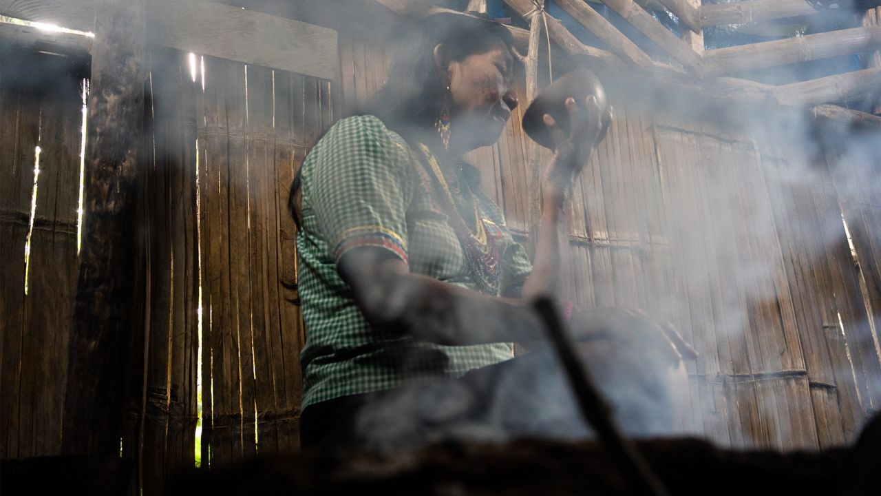 Indigenous Latin American woman shrouded in smoke.