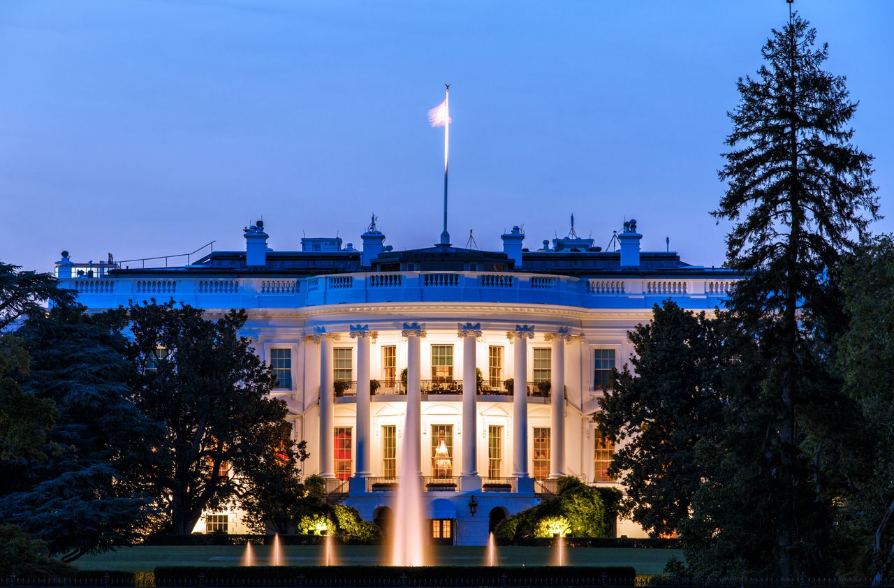 The White House South Lawn Washington D.C., the White House from the backside at blue hour.