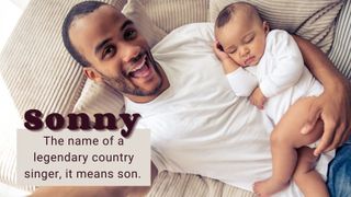 Father and son cuddling on a sofa to illustrate country baby names