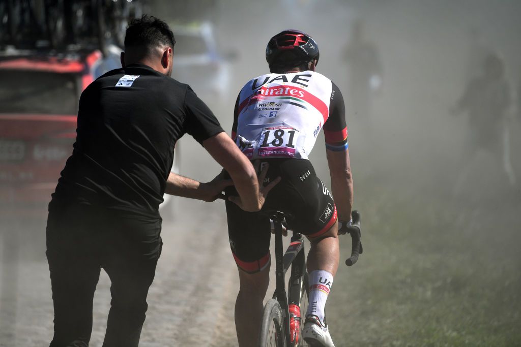 ROUBAIX FRANCE APRIL 17 Matteo Trentin of Italy and UAE Team Emirates suffers a mechanical problem during the 119th ParisRoubaix 2022 Mens Elite a 2572km one day race from Compigne to Roubaix ParisRoubaix WorldTour on April 17 2022 in Roubaix France Photo by Luc ClaessenGetty Images