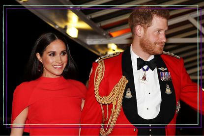 Harry and Meghan wearing a red dress on a royal visit to the Royal Albert Hall