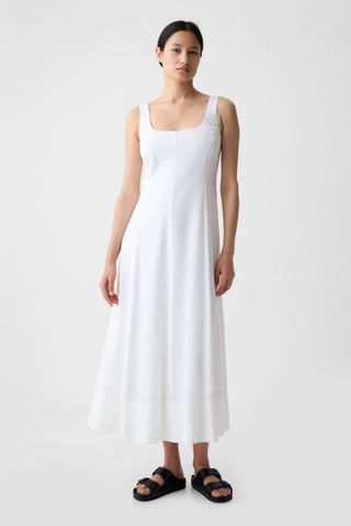 White Linen Blend Square Neck Midi Dress