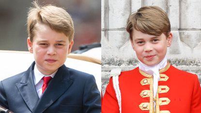 Two images of Prince George, one wearing a suit on the left and one of him wearing a red and gold coat on the right