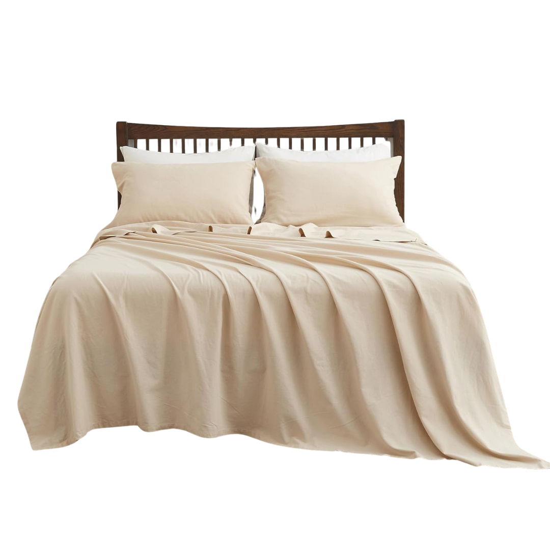 Simple&opulence Belgian Linen Sheet Set Solid Color - 4 Pieces (1 Flat Sheet, 1 Fitted Sheet & 2 Pillowcases) Natural Flax Cotton Blend Soft Breathable Farmhouse Bedding - King Size, Linen/beige