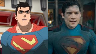 Side-by-side images of the Superman from My Adventures with Superman and David Corenswet's Superman