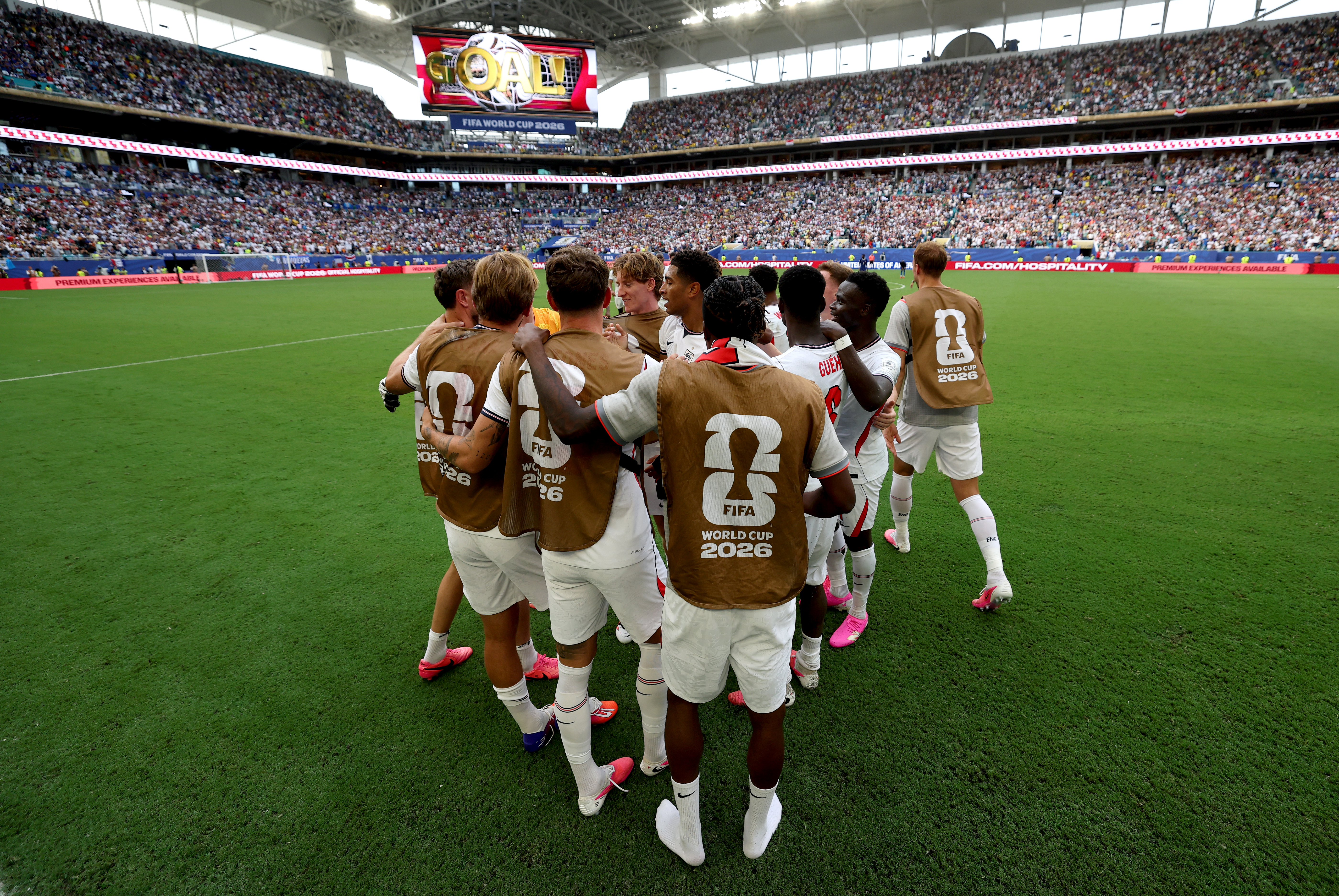 MIAMI GARDENS, FLORIDA - JULY 18: Jude Bellingham #10 of England (obscured) celebrates scoring his team&amp;amp;apos;s sixth goal with team mates during the FIFA World Cup 2026 Bronze Final between France and England at Miami Stadium on July 18, 2026 in Miami Gardens, Florida. (Photo by Eddie Keogh - The FA/The FA via Getty Images)
