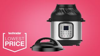 Instant Pot Duo Crisp on a pink background