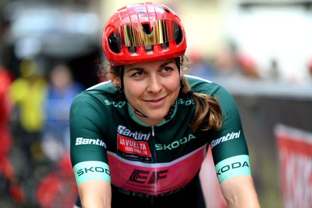 LUCENA DEL CID SPAIN APRIL 30 Alison Jackson of Canada and Team EF EducationCannondale Green Points Jersey prior to the 10th La Vuelta Femenina 2024 Stage 3 a 1303km stage from Lucena del Cid to Teruel UCIWWT on April 30 2024 in Lucena del Cid Spain Photo by Alex BroadwayGetty Images