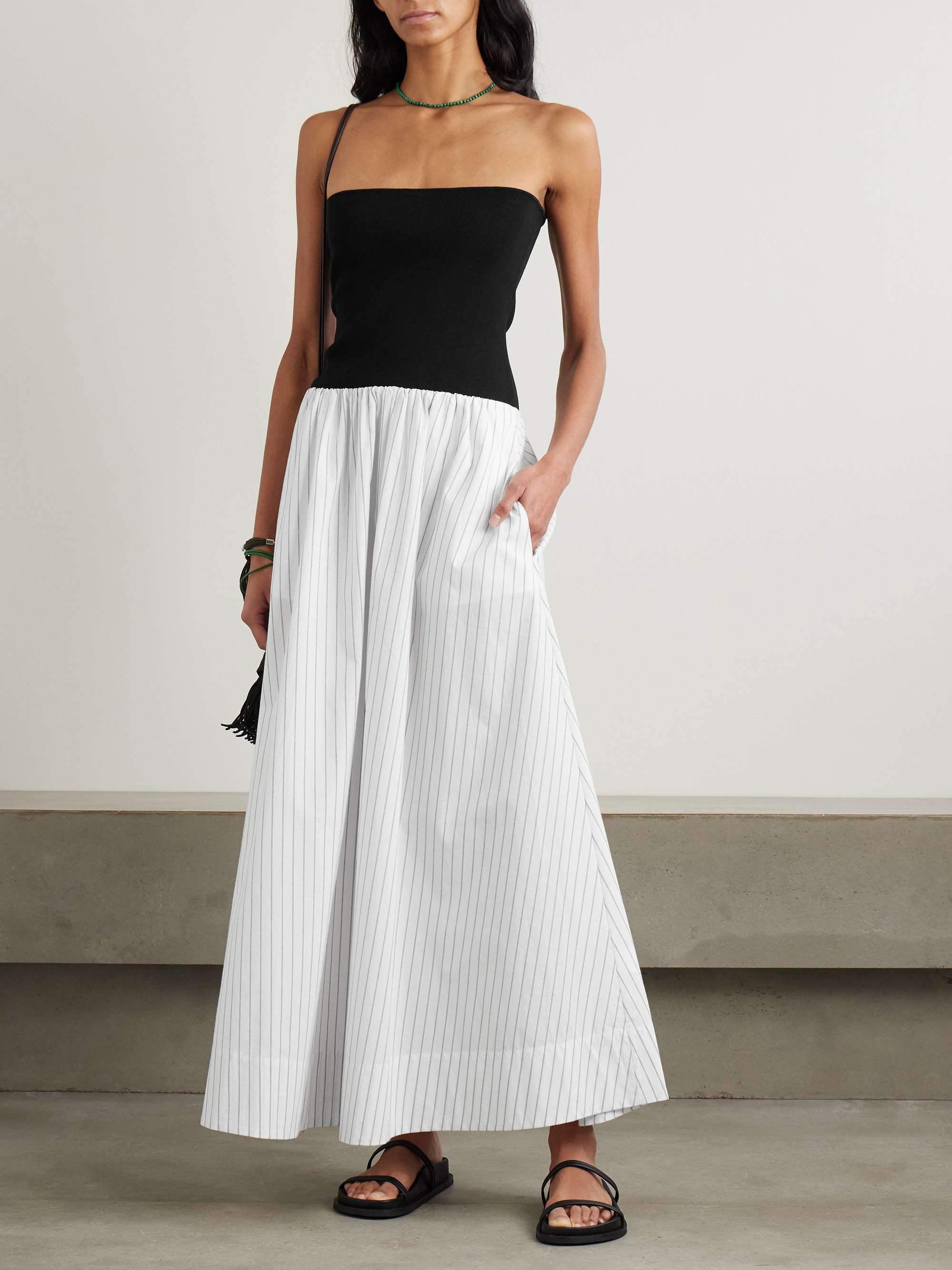 Strapless Jersey and Pinstriped Organic Cotton Maxi Dress