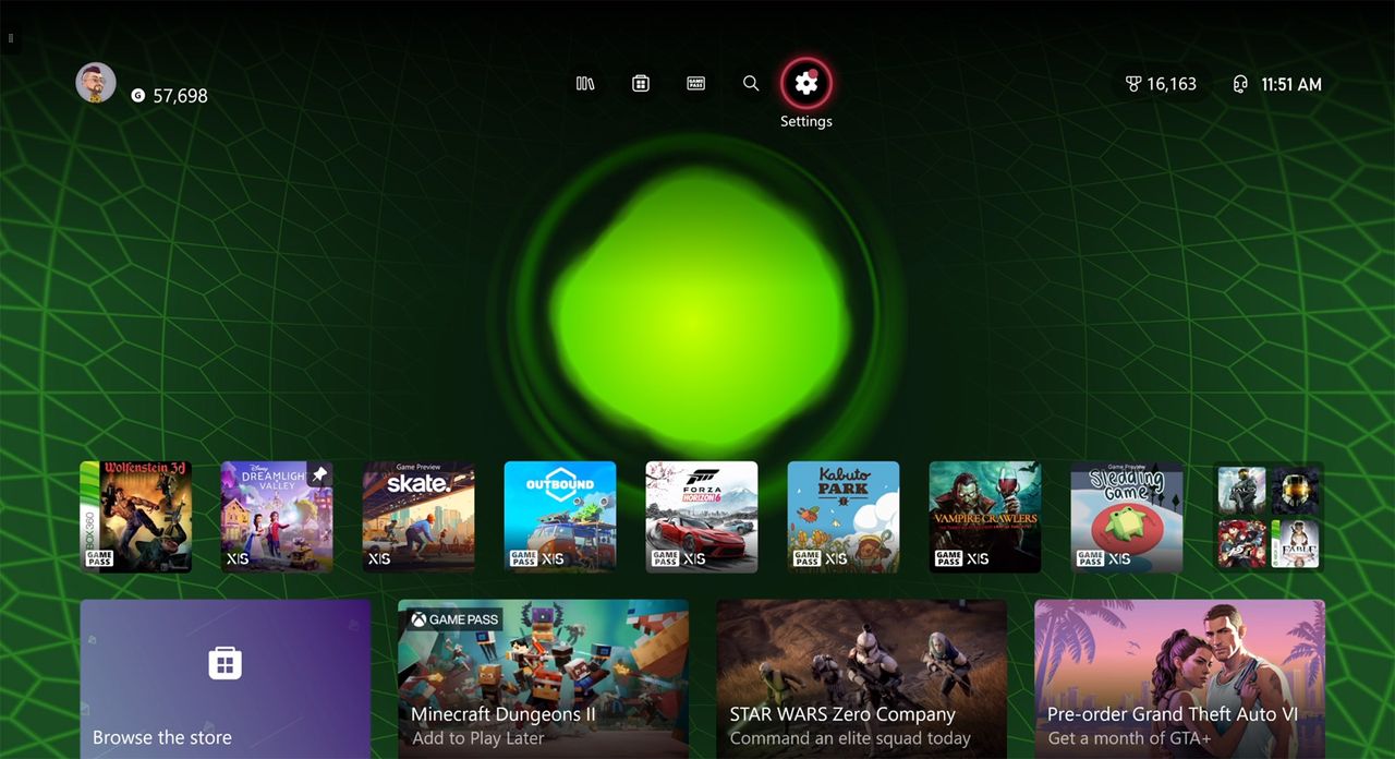 Xbox Series X dashboard screenshot showing steps through Settings to change region