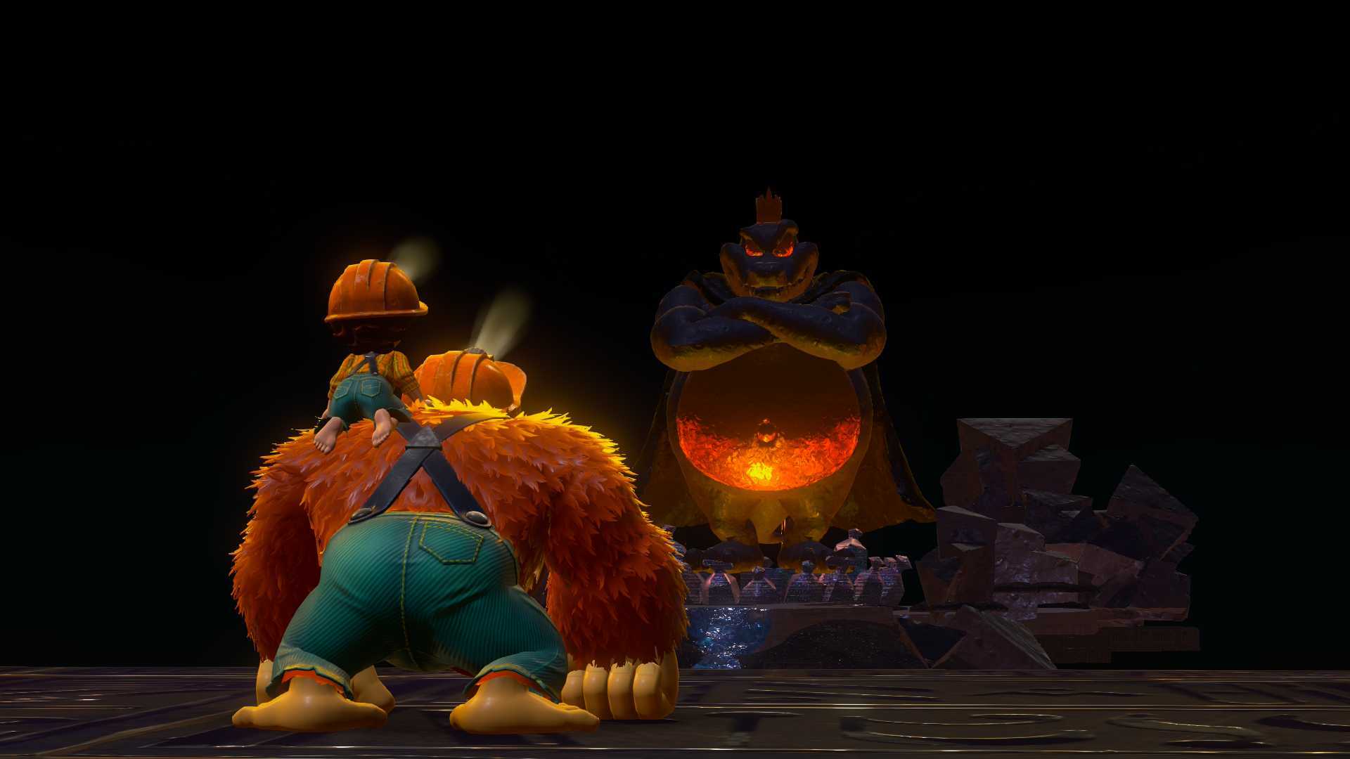 Donkey Kong Bananza screenshot showing DK and Pauline facing King K Rool who stands ominously in the distance with his arms crossed