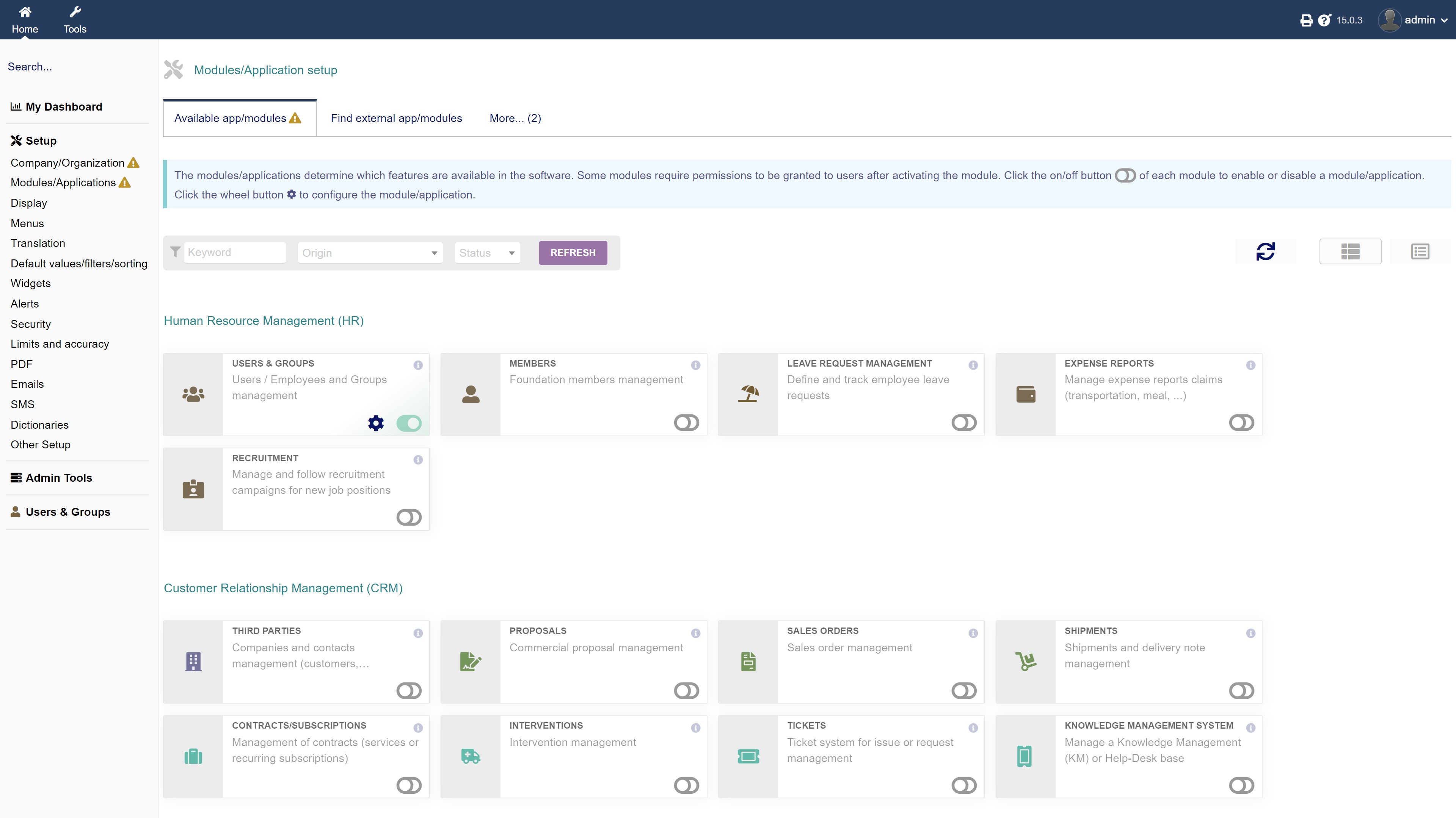 Dolibarr module selection page