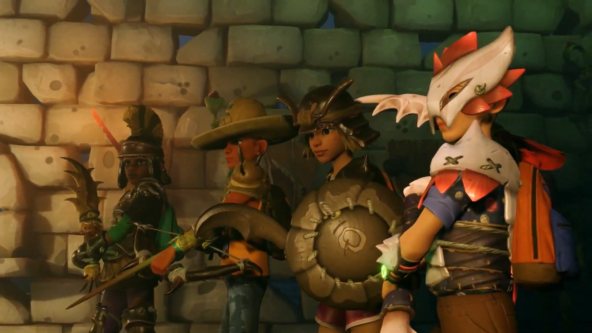 Four Grounded characters stand side by side against a brick wall