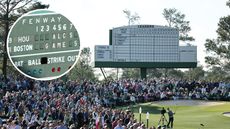 Main image of The Masters leaderboard in 2025 with inset image of Fenway Park scoreboard