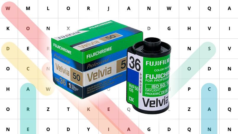 Fujifilm film roll and box in front of word search 