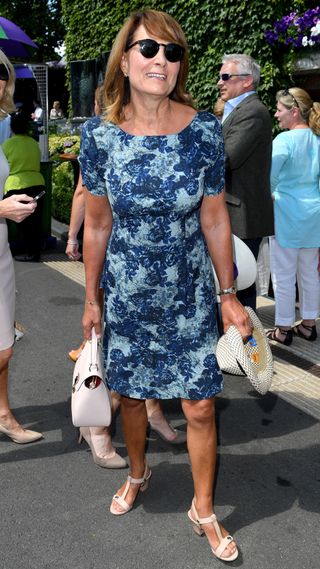 Carole Middleton attends day seven of Wimbledon 2017 wearing a blue dress and pink-beige sandals