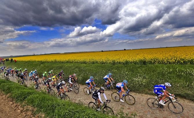 Fabain Cancellara at the front of the peloton during Paris-Roubaix