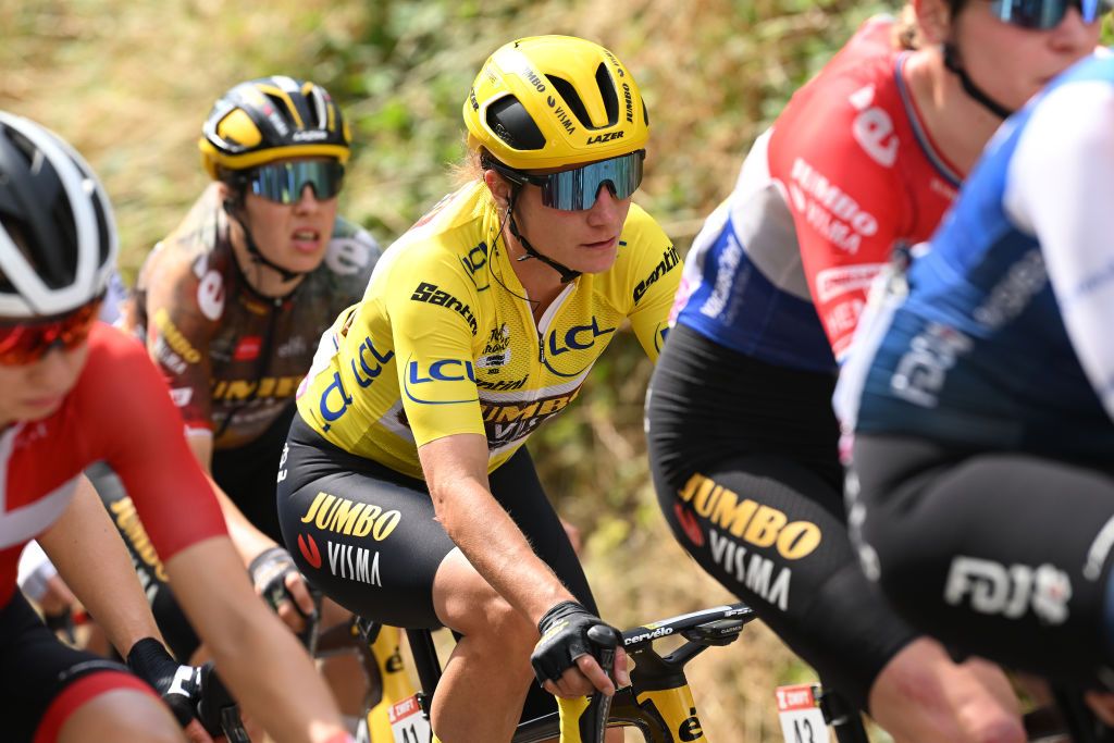 ROSHEIM FRANCE JULY 29 Marianne Vos of Netherlands and Jumbo Visma Women Team Yellow Leader Jersey competes during the 1st Tour de France Femmes 2022 Stage 6 a 1286km stage from SaintDidesVosges to Rosheim TDFF UCIWWT on July 29 2022 in Rosheim France Photo by Dario BelingheriGetty Images