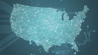 Map of the United States showing AI electronic dots and lines cross-crossing the states.