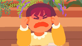 An image of the protagonist from Consume Me, a young, overworked teenage girl, grabbing her head in open frustration.