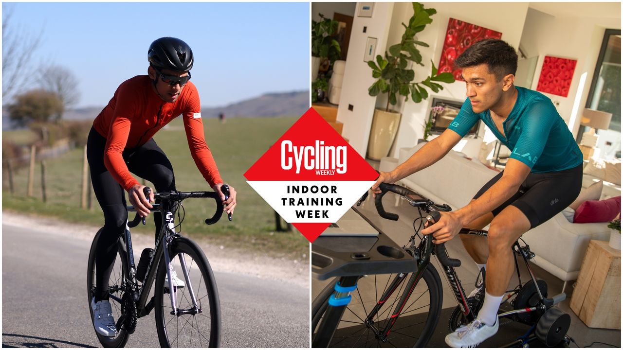 Image shows one cyclist riding on Zwift, and the other riding outside.