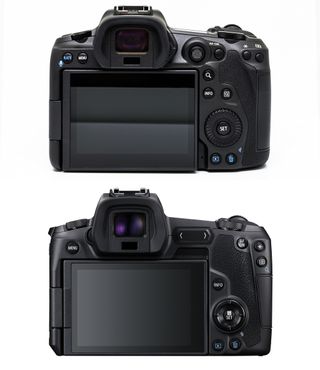 The Canon EOS R5 (top) abandons the M-Fn touchbar of the Canon EOS R (below), among other changes