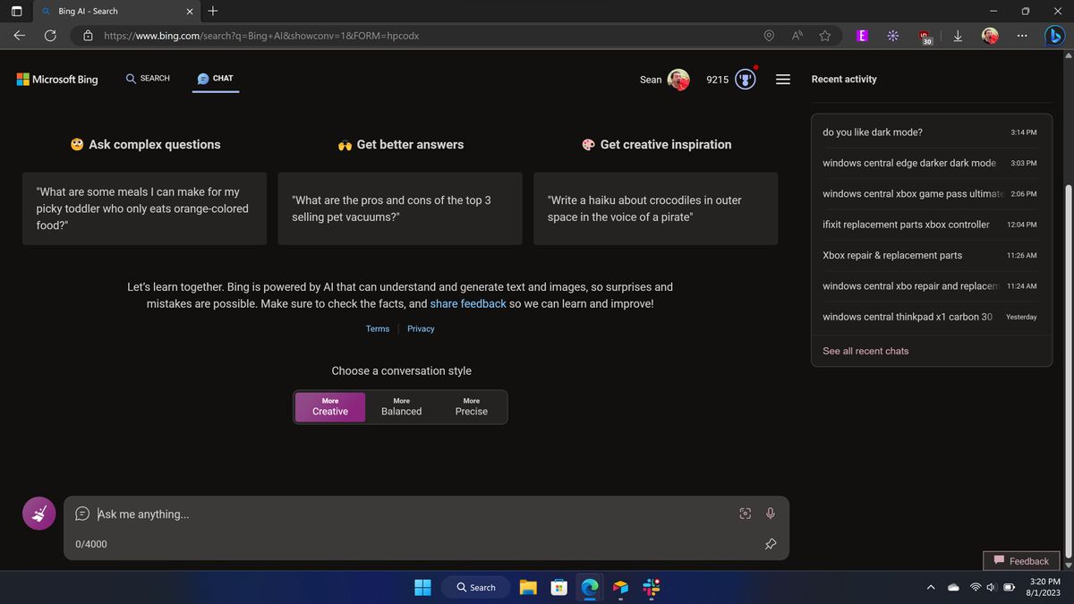 Bing Chat in dark mode