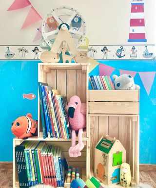 A DIY bookshelf made from Ikea wooden crates