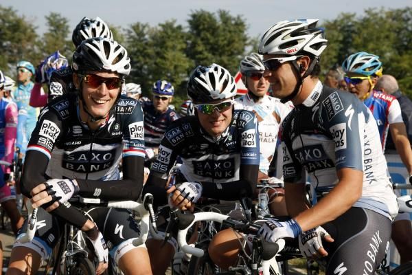 Andy Schleck shares a joke with his Saxo Bank teammates