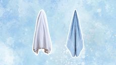 A white and a blue bath towel on a blue watercolor background