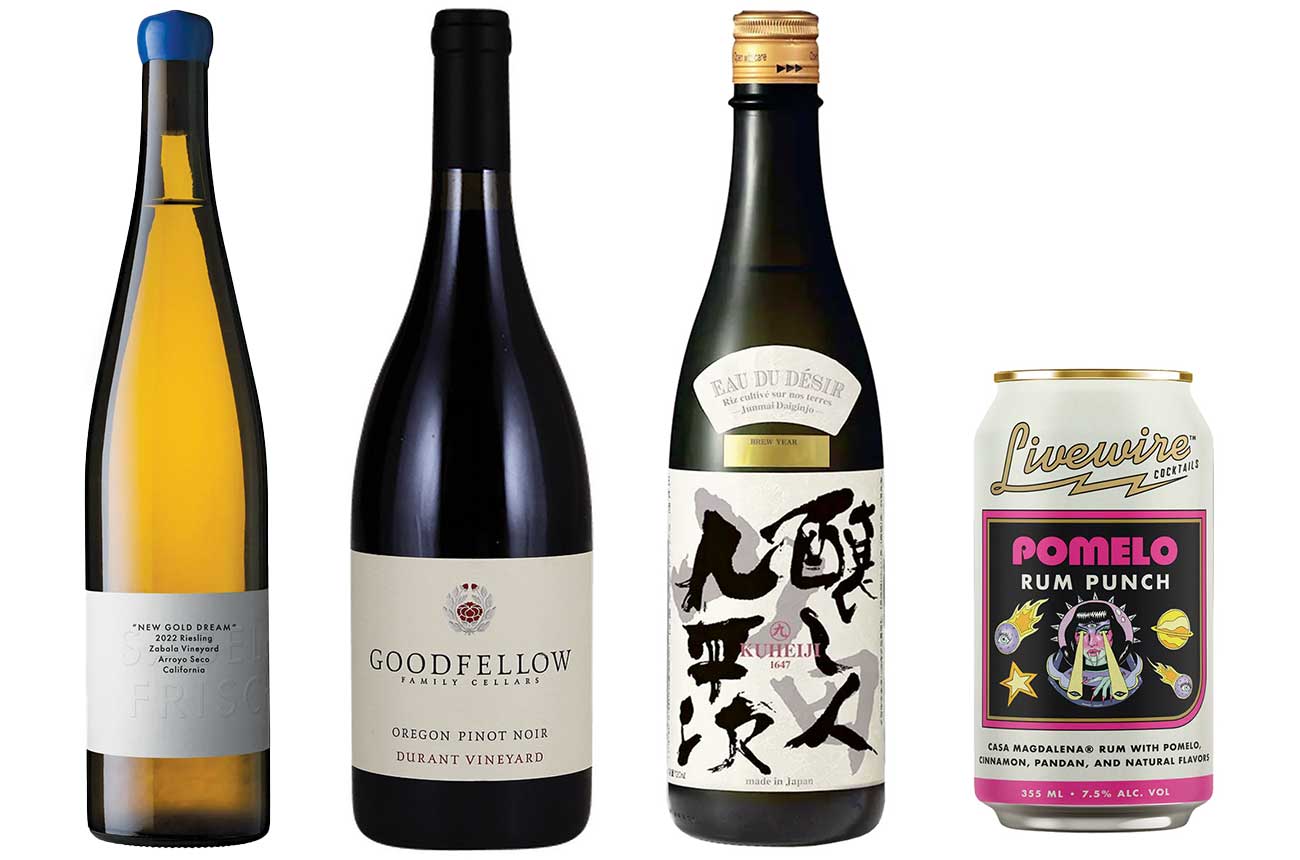 Two bottles of wine, a bottle of sake and a canned cocktail