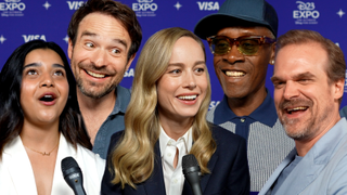 Charlie Cox, Iman Vellani, Brie Larson, Don Cheadle and David Harbour in an interview with CinemaBlend at D23 Expo 2022.