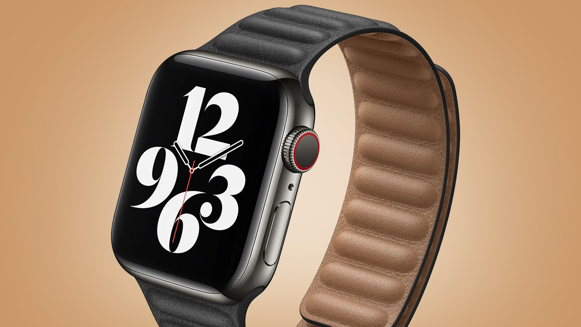 An Apple Watch with the Leather Link band on a beige background