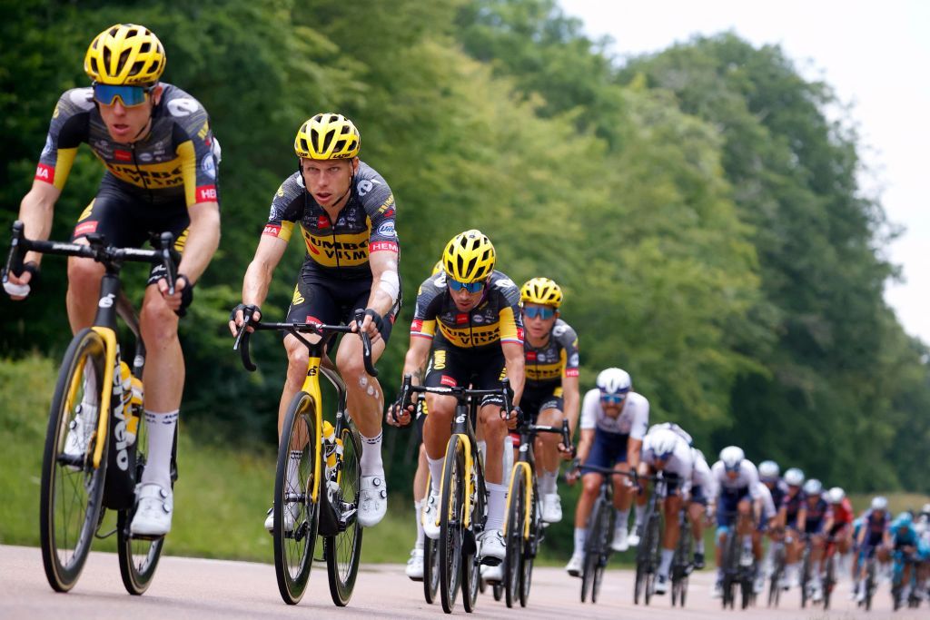 Team Jumbo Visma teammates ride in the second pack during the 7th stage of the 108th edition of the Tour de France cycling race 249 km between Vierzon and Le Creusot on July 02 2021 Photo by Thomas SAMSON AFP Photo by THOMAS SAMSONAFP via Getty Images